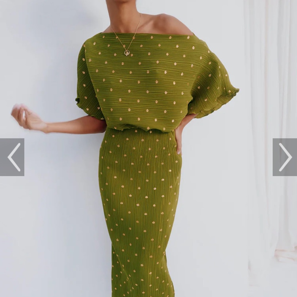 Never Fully Dressed Olive Green One-Shoulder Midi Dress with Gold Dot Detail